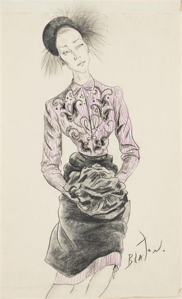 null Cecil BEATON (1904-1980)
Elégante à la robe rayée rose, circa 1945
Dessin au...