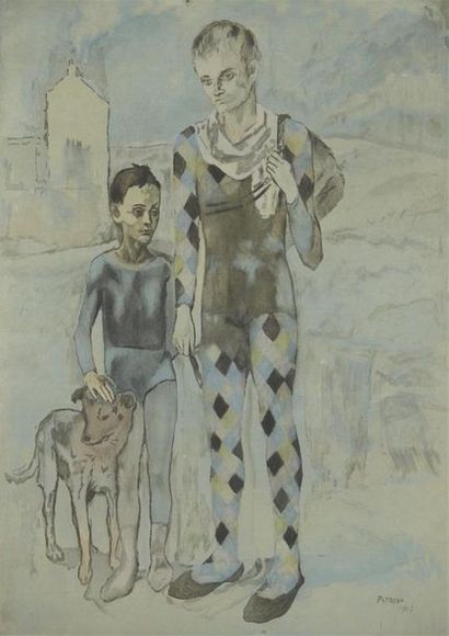 null D'après Pablo PICASSO (1881-1973)
Arlequin, enfant et chien
Lithographie, signée...