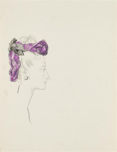 null Cecil BEATON (1904-1980)
Profil de femme à la coiffe rose
Dessin sur papier
43...