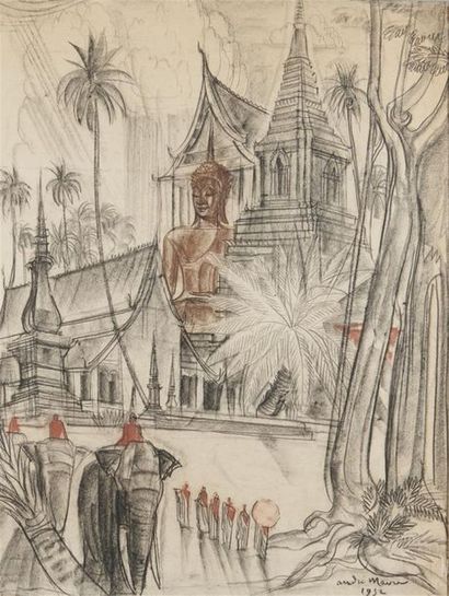 null André MAIRE (1898-1984)
Temple à Angkor, 1952
Fusain et sanguine sur papier....