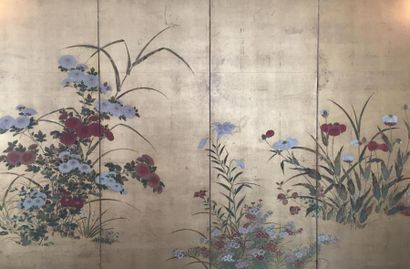 null JAPON - Fin XIXe siècle
Paravent à quatre feuilles à décor des fleurs d'automne...