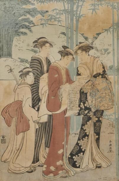 null Katsukawa Shunchô (act. vers 1780 -1801))
Oban tate-e, trois geisha lisant un...