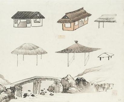 null Pu Quan (1913-1991)
Encre et couleurs sur papier, études des habitations et...