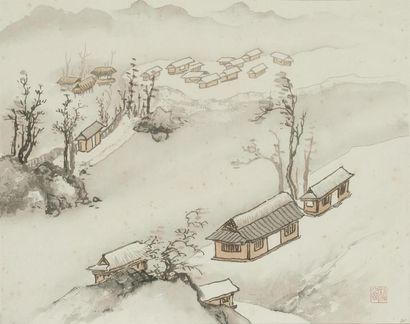 null Pu Quan (1913-1991)
Encre et couleurs sur papier, représentant un village enneigé...