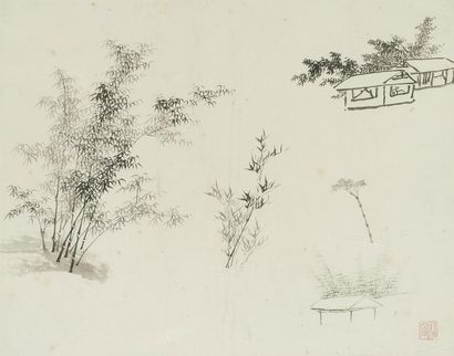 null Pu Quan (1913-1991)
Encre sur papier, bambous et habitions.
Cachet Song Chuang...