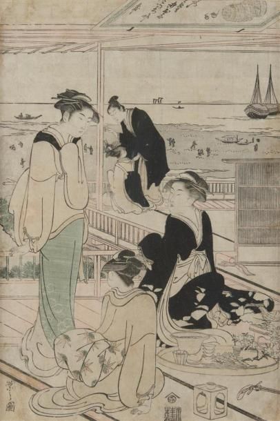 null Chobunsahi Eishi (1756-1829) 
Oban tate-e, partie de triptyque, quatre courtisanes...