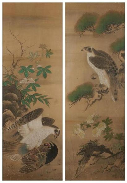 null JAPON - Epoque EDO (1603 - 1868)
Deux encres polychromes sur papier, rapace...