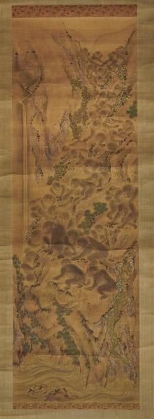 null JAPON, XIXe siècle 
Encre et couleurs sur soie représentant des singes dans...