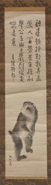 null JAPON, XXe siècle 
Encre et couleurs sur papier représentant un singe debout...
