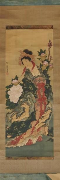 null JAPON, Fin du XIXe siècle, 
Encre et couleurs sur soie représentant une femme...