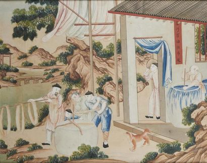 null CHINE - XIXe siècle
Ensemble de 4 peintures, encre et couleurs sur papier, représentant...