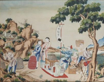 null CHINE - XIXe siècle
Ensemble de 4 peintures, encre et couleurs sur papier, représentant...