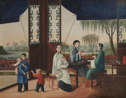 null CHINE, Canton - XIXe siècle
Paire de peintures, huile sur toile, une représentant...