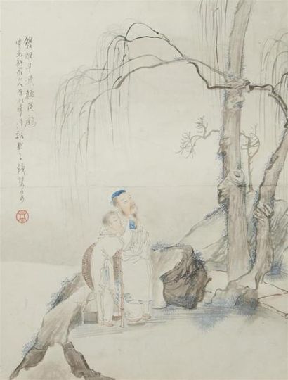 null CHINE - 
Qian Huian (1833-1911)
Encre et couleurs sur papier, représentant deux...