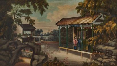 null CHINE, Canton - XIXe siècle
Huile sur toile, représentant deux femmes dans un...