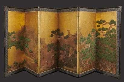 null JAPON - Epoque MEIJI (1868 - 1912)
Paravent à six feuilles encre polychrome...