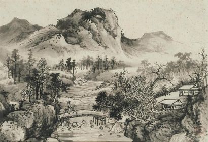 null Pu Quan (1913-1991)
Encre sur papier, représentant un lettré traversant un pont...