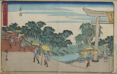 null Utagawa Hiroshige (1797-1858) 
Trois aiban yoko-e de la série Tokaido gojusan...