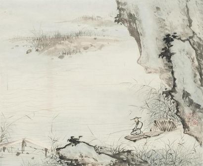 null Pu Quan (1913-1991)
Encre et couleurs sur papier, représentant un pêcheur sur...