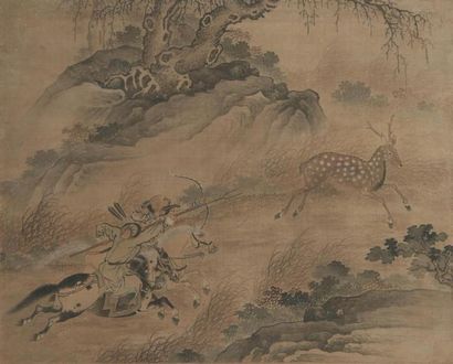 null CHINE - XIXe siècle
Encre et couleurs sur soie, représentant deux chasseurs...