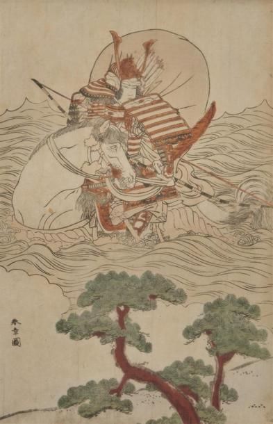 null Katsukawa Shunsho (1726 -1792)
Oban tate-e, Taira no atsumori menant son cheval...