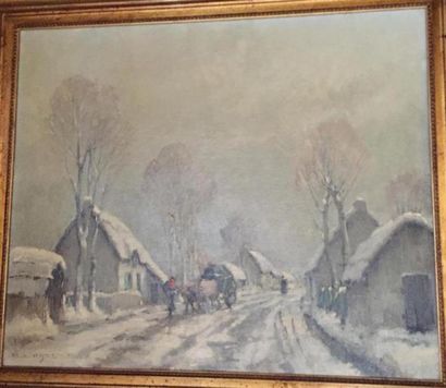 null ECOLE FRANCAISE de la fin du XIXe siècle, R. RAYMOND
Rue sous la neige 
Huile...