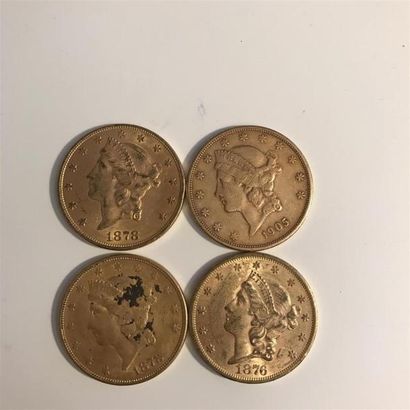 null 4 pièces 20 dollars américains or Liberty 1876, 2 x 1878 et 1905. 