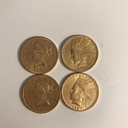 null 4 pièces de 10 dollars américains or, Liberty 1861 et 1893, tête d'indien 1915...