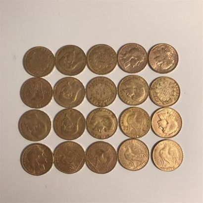 null 20 pièces de 20 francs or Napoléon III non lauré et coq de chaplain. 