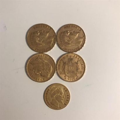 null 4 pièces de 20 francs or Napoléon III lauré et non lauré. 
1 pièces de 10 francs...