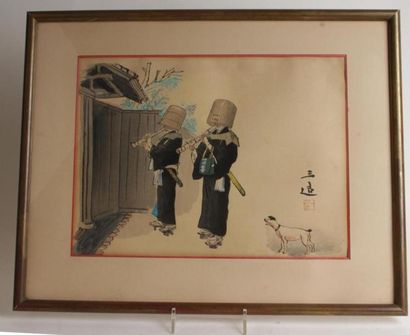 null JAPON 
Dessin figurant deux personnages jouant de la flûte portant un cachet...