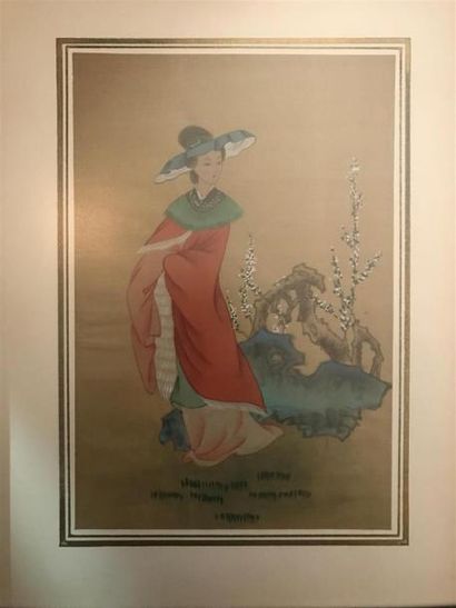 null CHINE, XXe siècle 
Deux femmes 
Encre et couleurs sur soie. 
12 x 18 cm à vue...