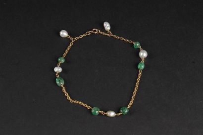 null Bracelet articulé en or jaune 750°/oo orné de petites perles de culture et émeraudes...