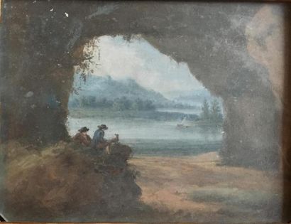 null ECOLE FRANCAISE du XVIIIe siècle 
Paysage animé de personnages sous une grotte...
