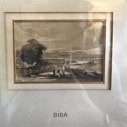 null Attribué à Alexandre BIDA (1813-1895) 
Paysage animé de personnages 
Encre sur...