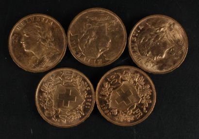 null 5 pièces de 20 francs suisses en or 