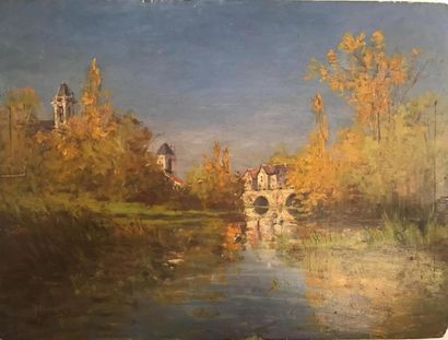 null André DELAISTRE (1865-?) : 
Vue de rivière près d'une ville
Huile sur panneau...