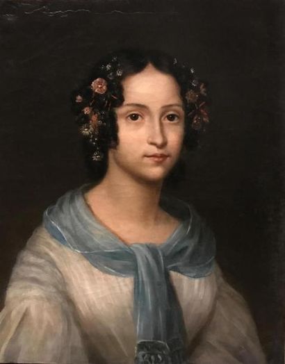 null ECOLE de la fin du XIXe siècle 
Jeune fille au châle bleu 
Huile sur toile 
61...