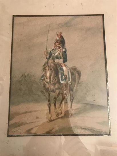 null ECOLE FRANCAISE de la FIN du XIXe siècle 
Soldat à cheval 
Aquarelle sur papier...