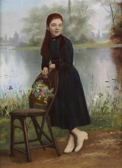 null ECOLE FRANCAISE du XIXe siècle 
Jeune fille au panier fleuri au bord de l'eau
Huile...