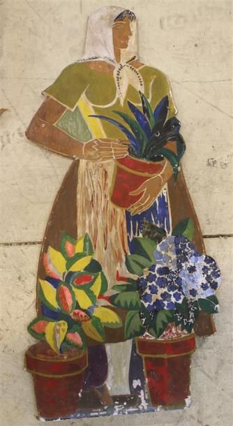 null QUATRE FIGURINES « paysans » « femme en fleurs » en plâtre, bas relief polychrome...