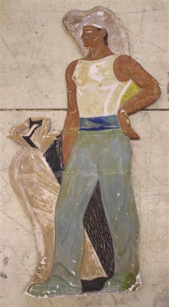 null QUATRE FIGURINES « paysans » « femme en fleurs » en plâtre, bas relief polychrome...