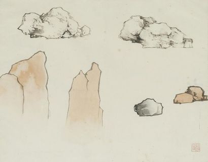 null Pu Quan (1913-1991)
Ensemble de 4 encres et couleurs sur papier
- Étude de rochers,...