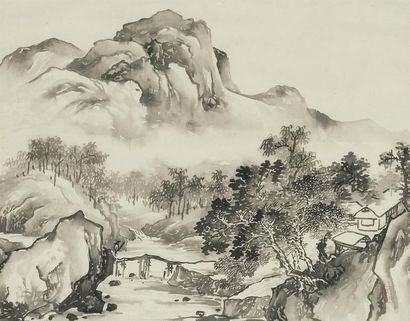 null Pu Quan (1913-1991)
Encre sur papier, représentant un lettré traversant un pont...