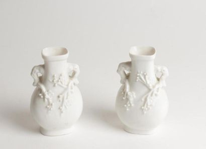 null CHINE
Paire de petits vases de forme balustre en Blanc de Chine à décor en relief...
