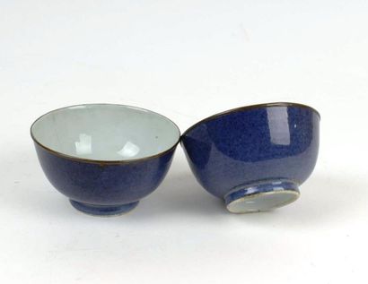 null CHNE
Deux bols en porcelaine à fond bleu poudré.
XIXème siècle. 
H. 6 cm, L....