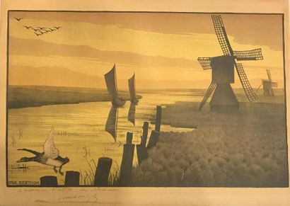 null Paul Emil BERTHON (1872-1909) 
Paysage aux moulins à vent 
Lithographie en couleurs,...