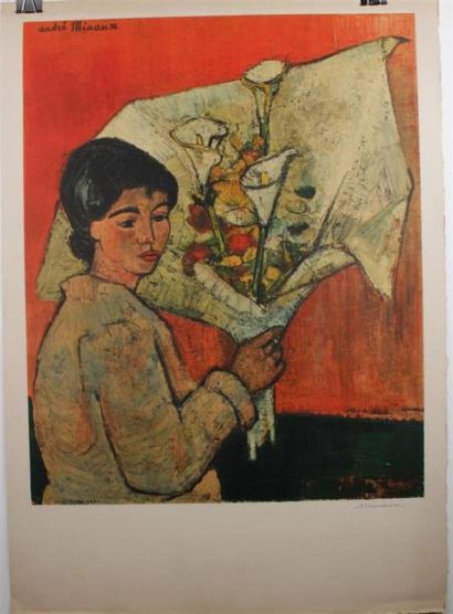 null MINAUX André (1923-1986) 
Femme au bouquet de fleurs 
Lithographie en couleurs,...