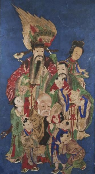 null CHINE - XIXe siècle
Encre et couleurs sur papier, représentant les trois immortels...