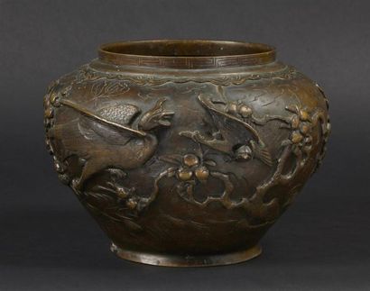 null JAPON - Epoque MEIJI (1868 - 1912) - Cache-pot en bronze à patine brune à décor...